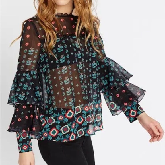 ❤️2/$30❤️[M]Buffalo David Bitton Floral Sheer Chiffon LS Blouse NWOT - Picture 1 of 9